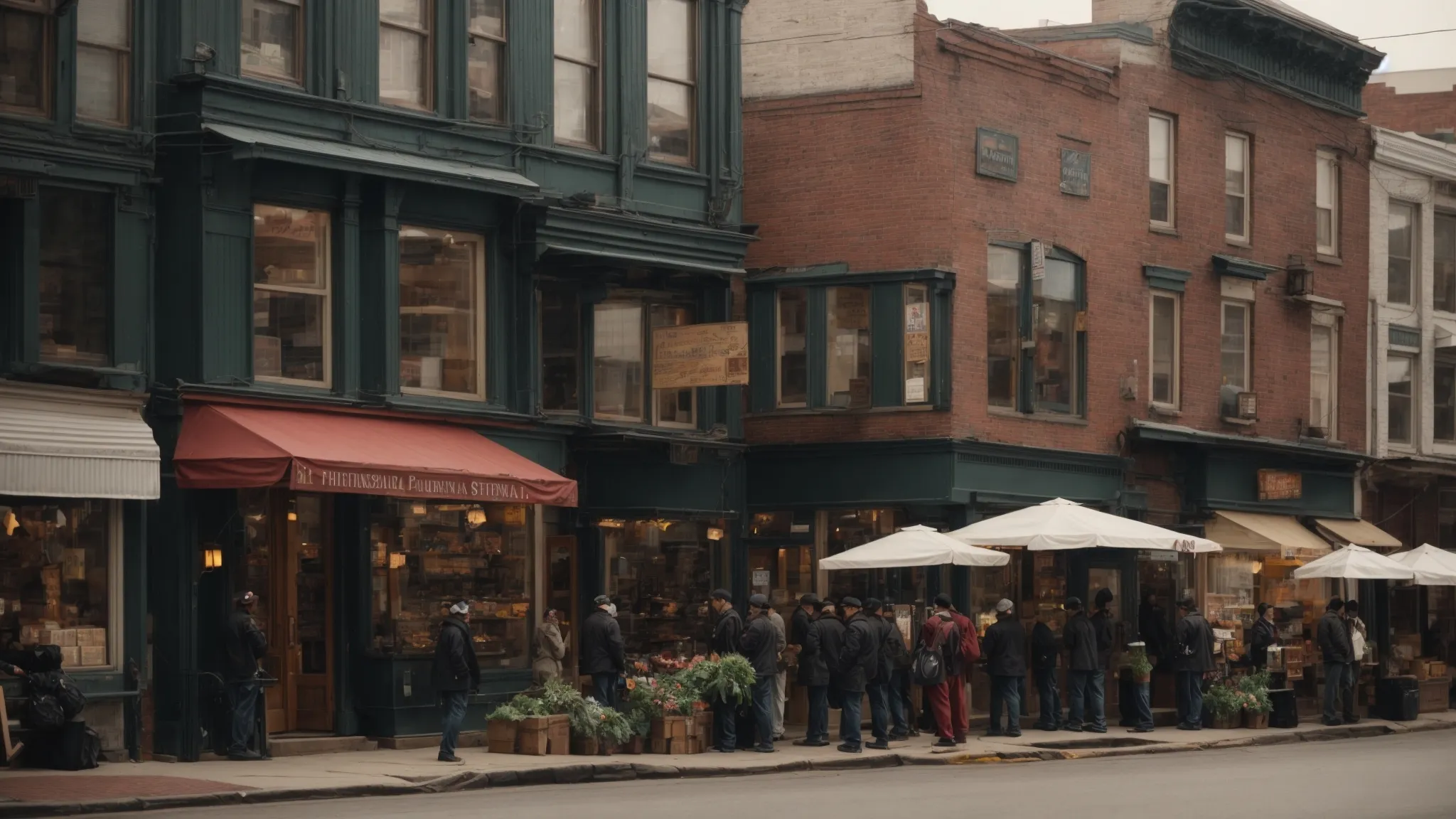 a bustling pennsylvania street scene highlighting diverse storefronts, with a visible emphasis on digital screens and technology interwoven with historical architecture.