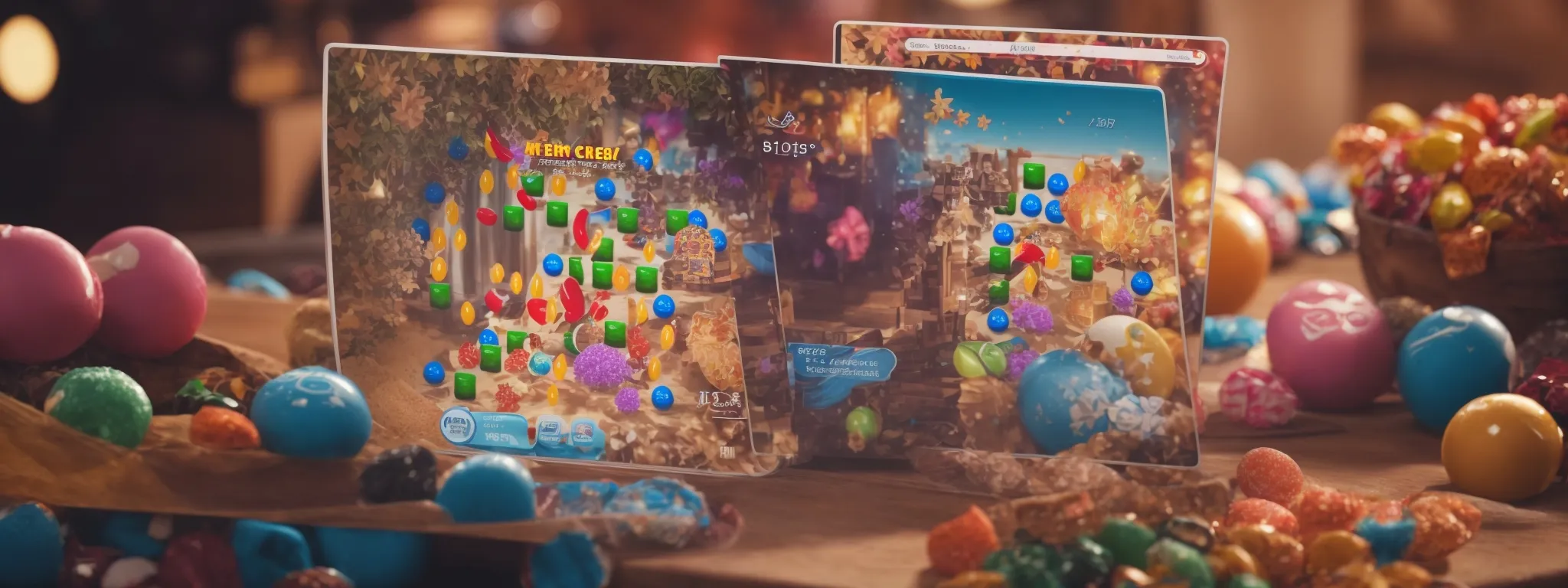 a strategy guide on a screen amid seo analytics and candy crush images, representing a seamless blend of gaming and optimization.