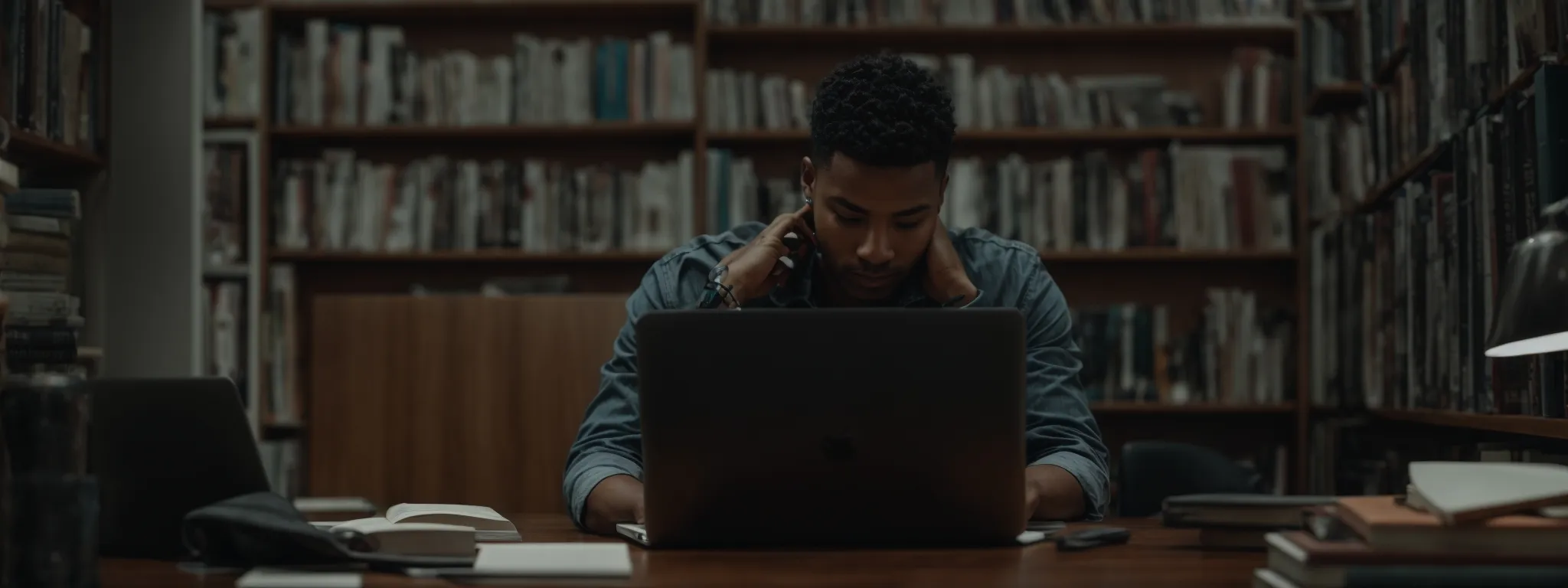 a focused individual types on a laptop surrounded by books on a clean, organized desk, symbolizing strategic seo content creation.