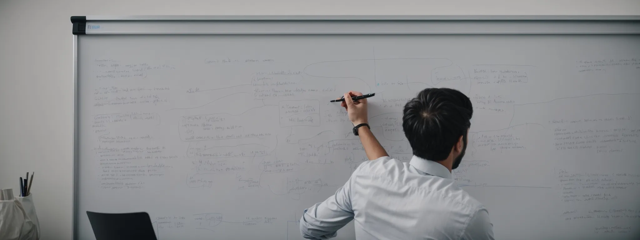 a content strategist is brainstorming the structure of a headless cms interface on a whiteboard.