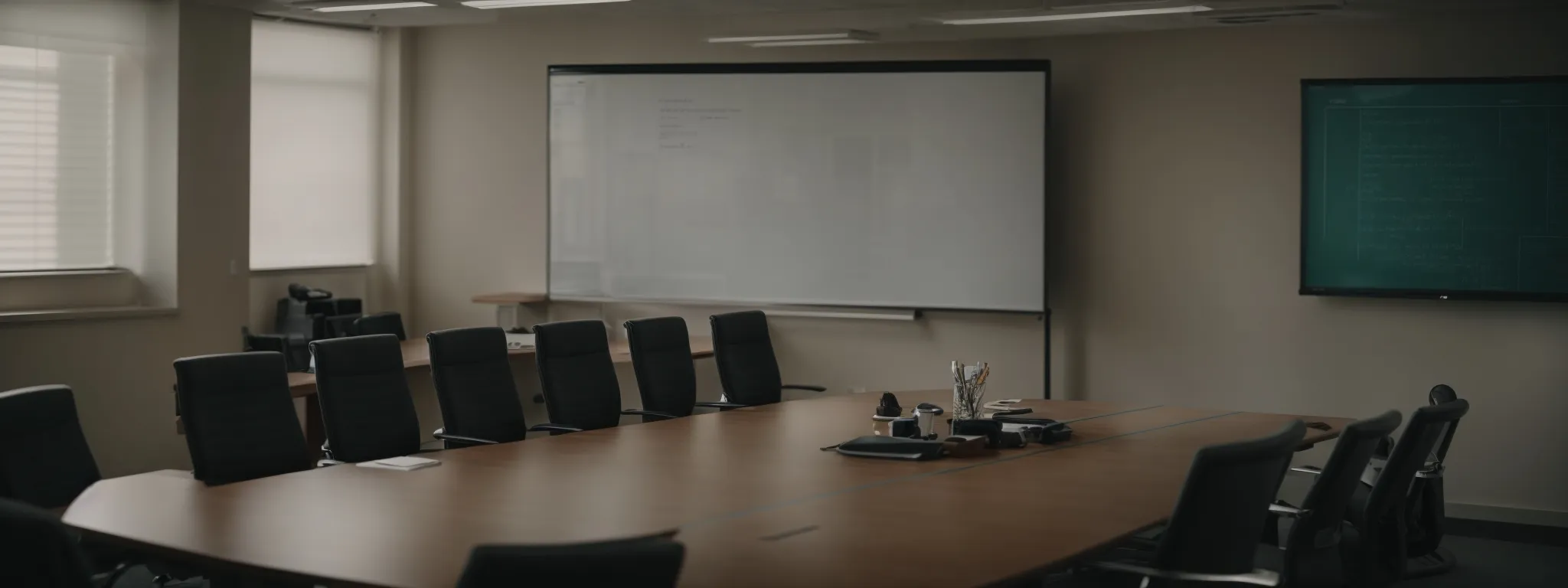 a strategy meeting room with an empty whiteboard, reflecting the absent seo plan aligned with business goals.