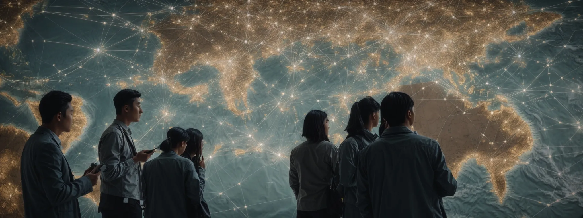 a team of digital marketers analyzes a global map displaying various interconnected nodes symbolizing a network of international links.
