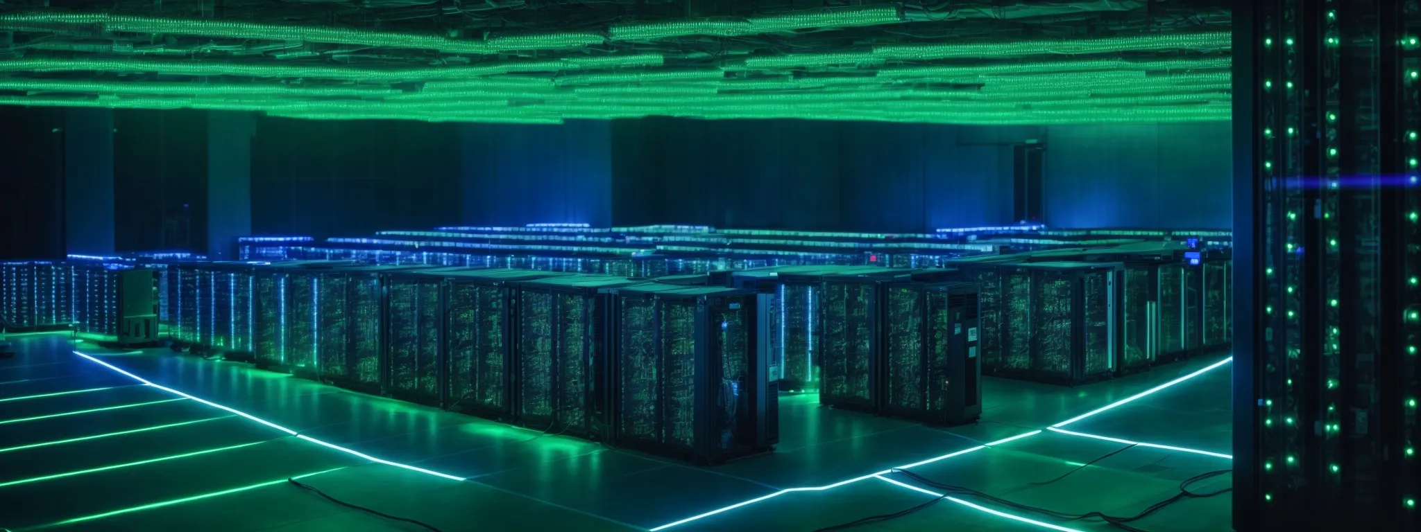 a panoramic view of a bustling data center with rows of server racks lit by blue and green led lights.