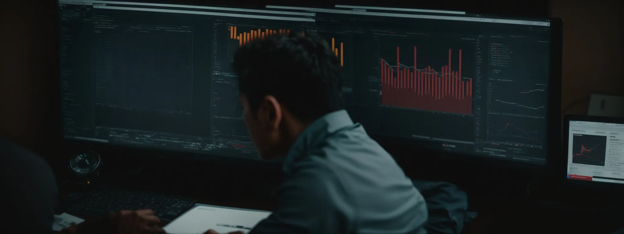 a webmaster intently gazes at a computer screen displaying a dashboard with various website analytics.
