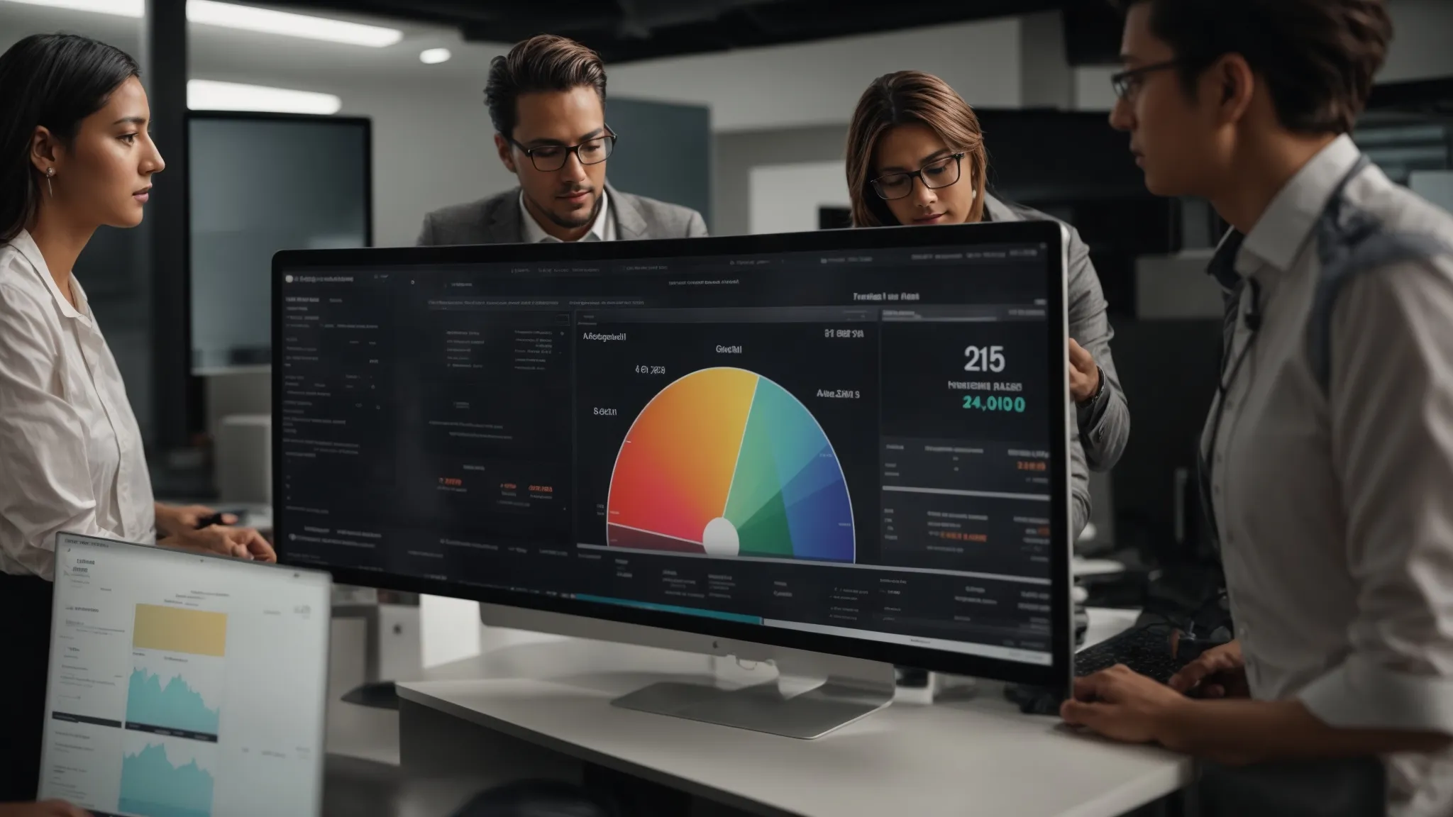 a digital marketing team reviews analytics on a computer screen to enhance a business's local online presence.