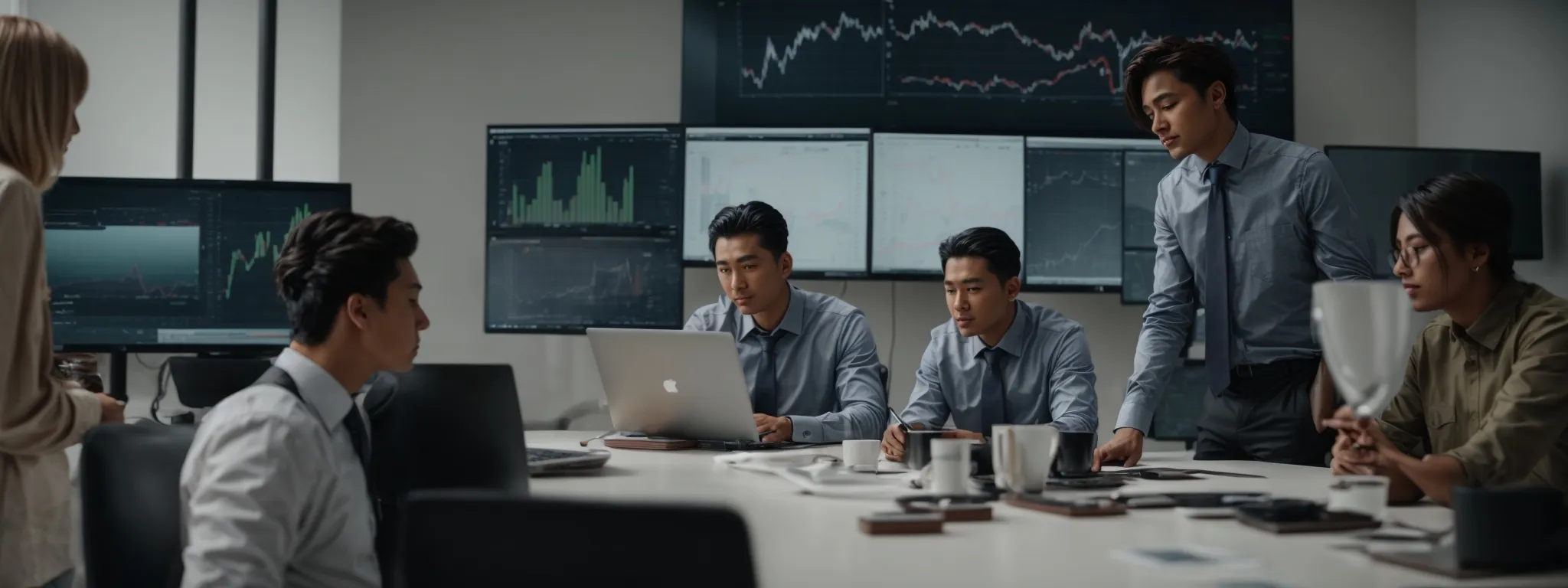 a group of professionals gathered around a conference table, discussing charts and graphs displayed on their laptops.