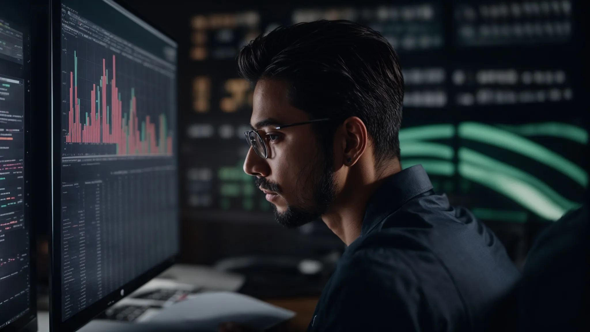 a focused individual intently studies expansive spreadsheets and charts on a computer screen, symbolizing strategic seo planning.