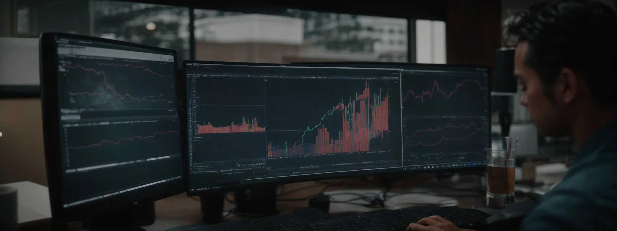 a marketer analyzes charts on a computer screen, reflecting website traffic and engagement trends.