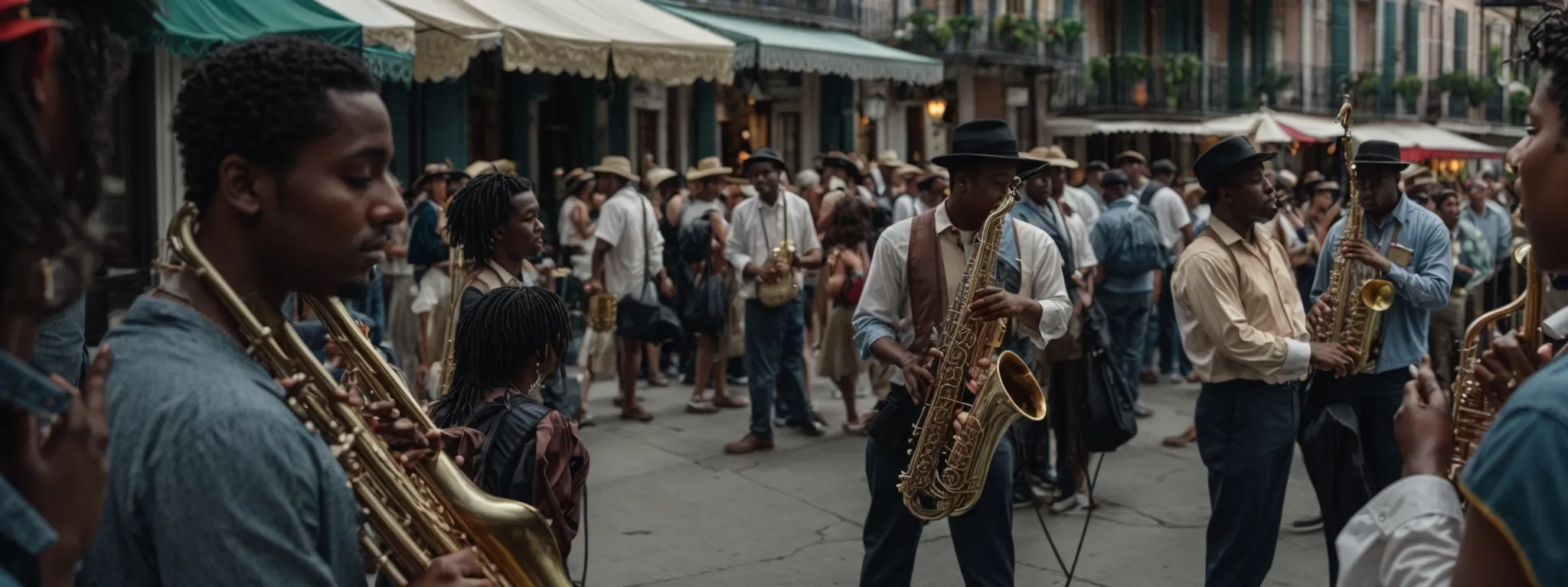 a jazz band performs in the lively french quarter, capturing the essence of new orleans culture on social media.