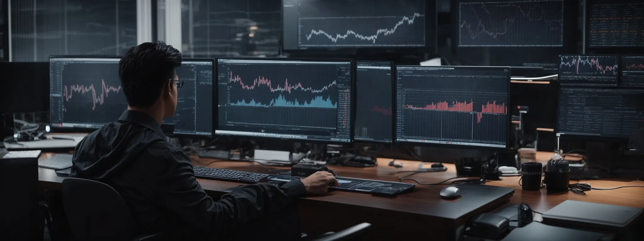 a person sitting at a modern desk with multiple computer screens showing graphs and analytics for seo performance monitoring.