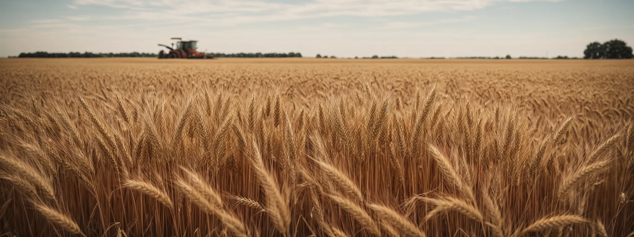 a field of ripe wheat stands under a clear sky, poised for harvest by a solitary combine harvester.