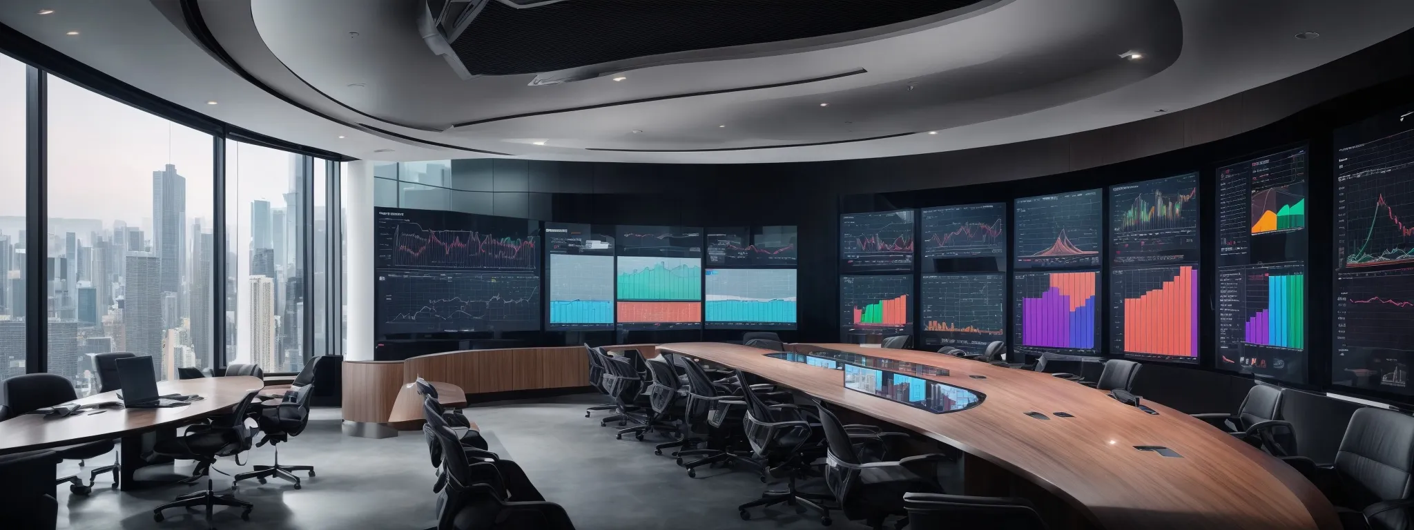 a panoramic view of a modern corporate meeting room with multiple digital screens displaying colorful graphs and analytics dashboards.