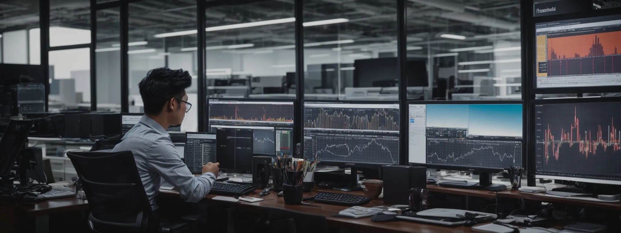 a digital marketer examines a complex analytics dashboard on a widescreen monitor set against the backdrop of a bustling, tech-savvy office.