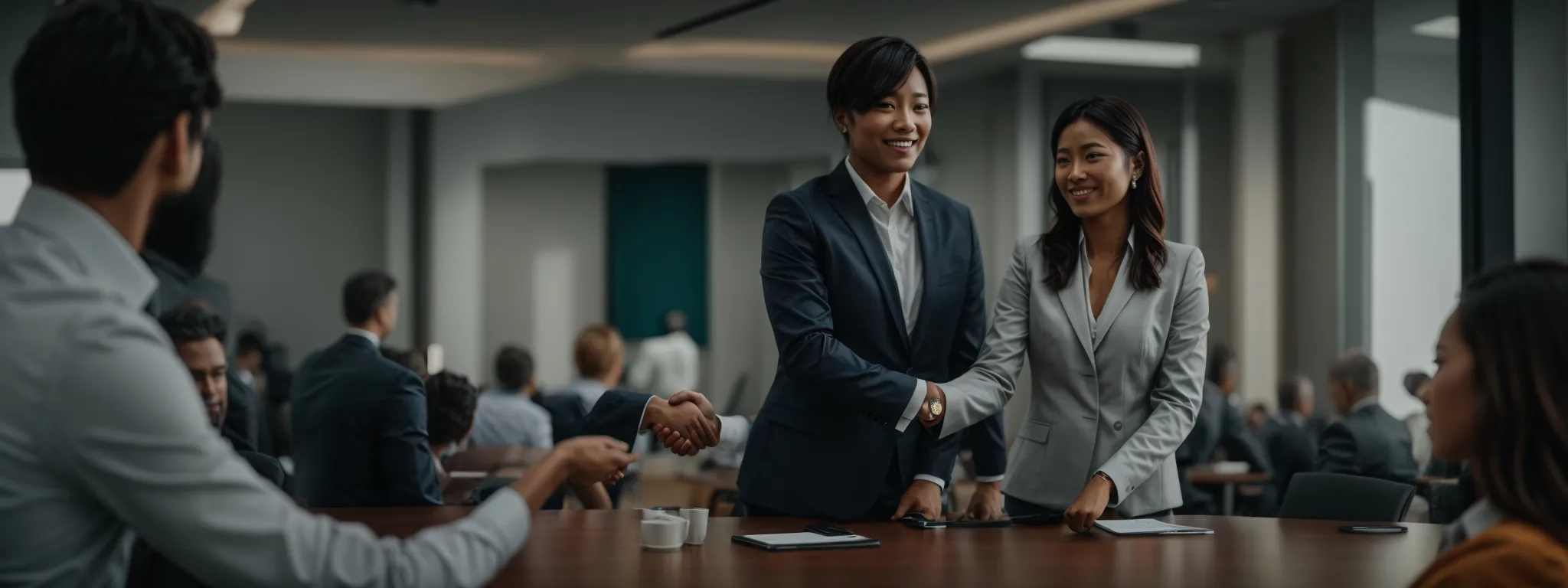 a confident business person shaking hands in a bustling conference room, symbolizing partnerships and endorsements.