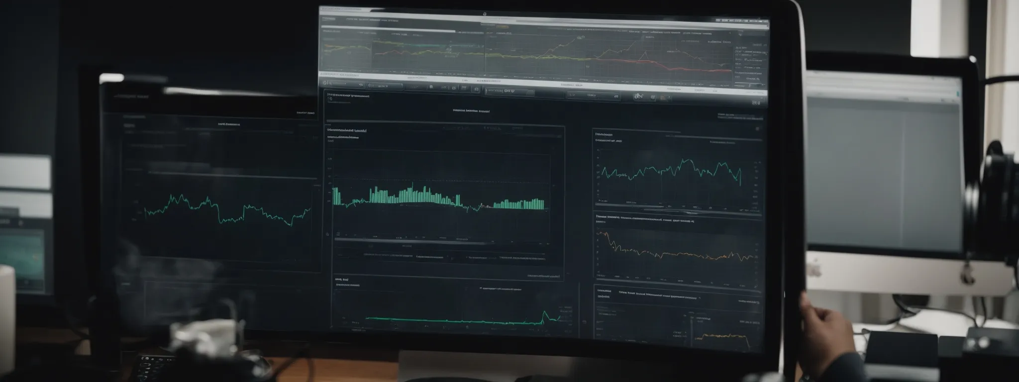 a professional monitoring a dashboard that displays website traffic analytics and seo performance metrics.