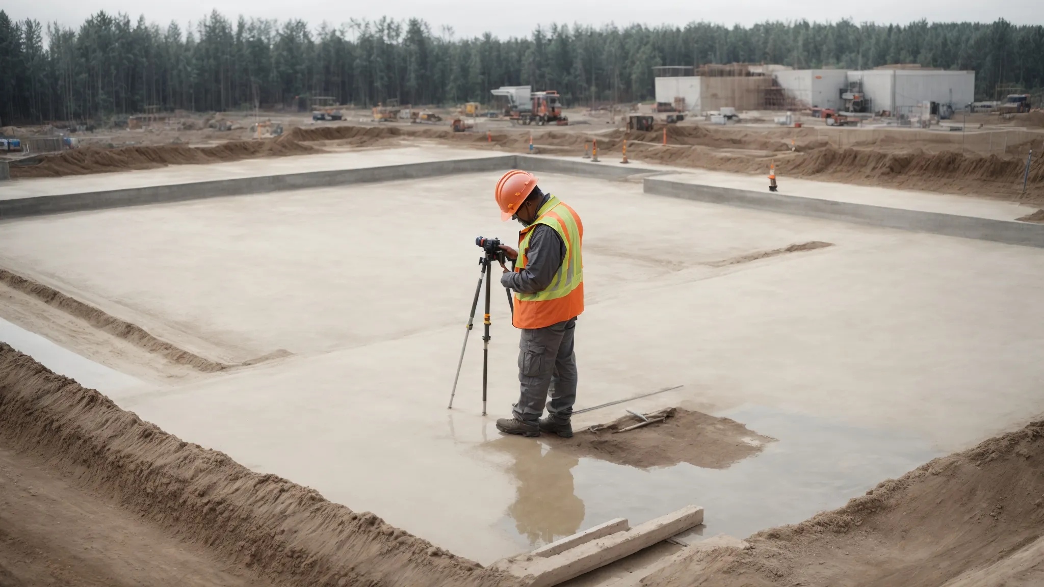 a construction engineer is surveying a solid, freshly poured concrete foundation at a building site, symbolizing the start of robust architecture.