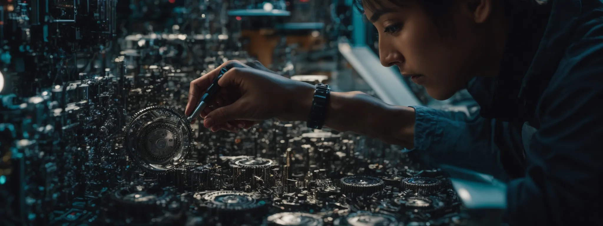 a person with a magnifying glass examining a 3d model of interconnected web servers and gears, symbolizing the intricate relationship between web hosting and seo strategies.