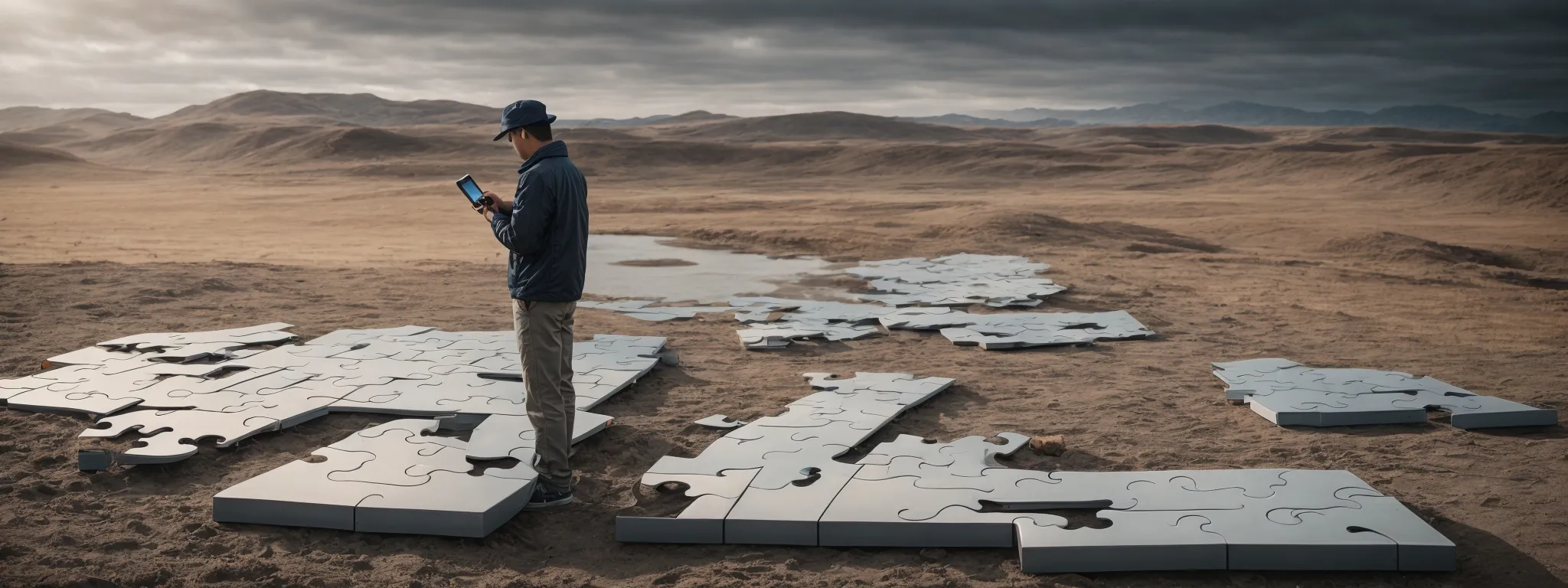 an individual analyzing a large puzzle, symbolizing the careful strategy required to solve the complex issue of duplicate content online.