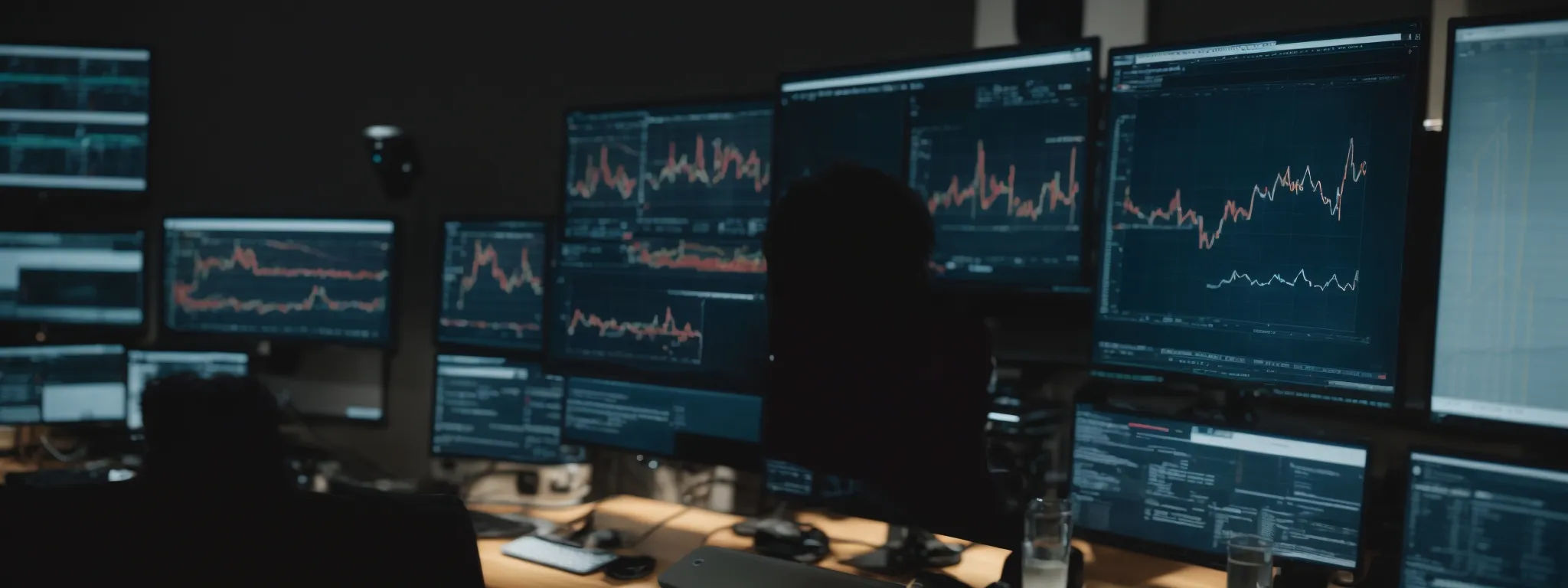 a marketer gazes intently at computer graphs displaying website traffic trends against the backdrop of an office setting.