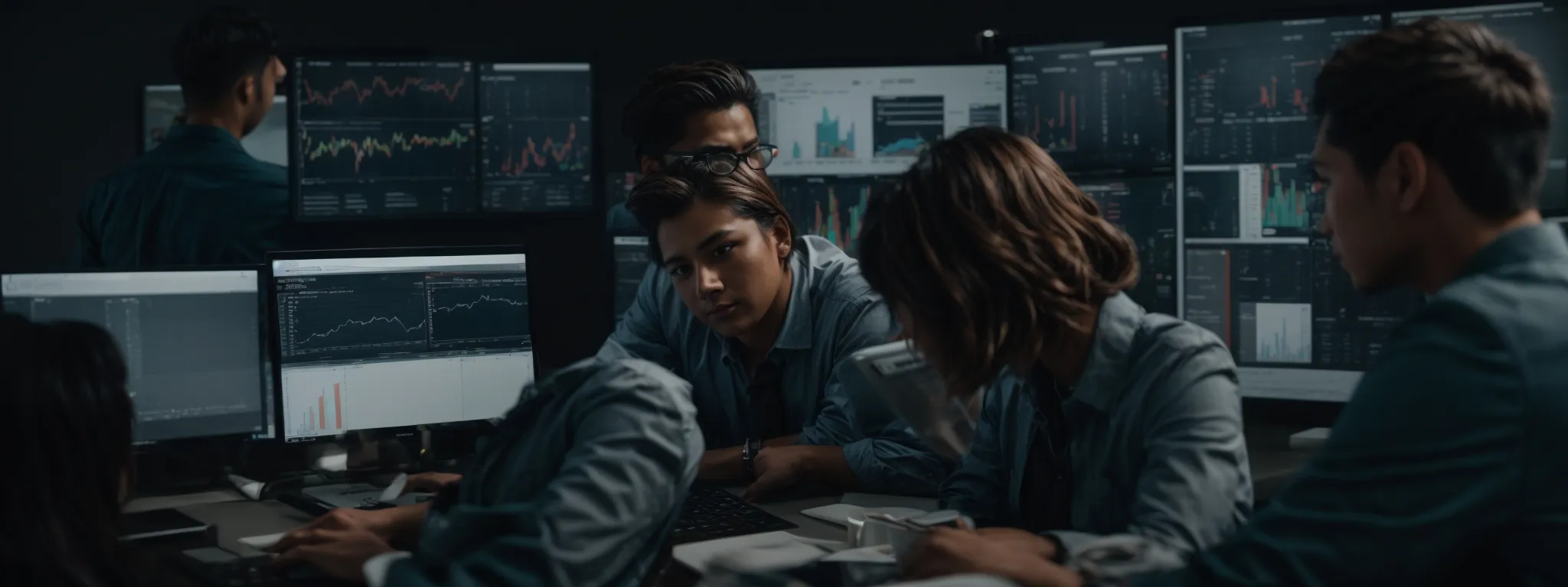 a marketing team reviews analytics on a computer screen, optimizing their seo strategy with an ai interface.