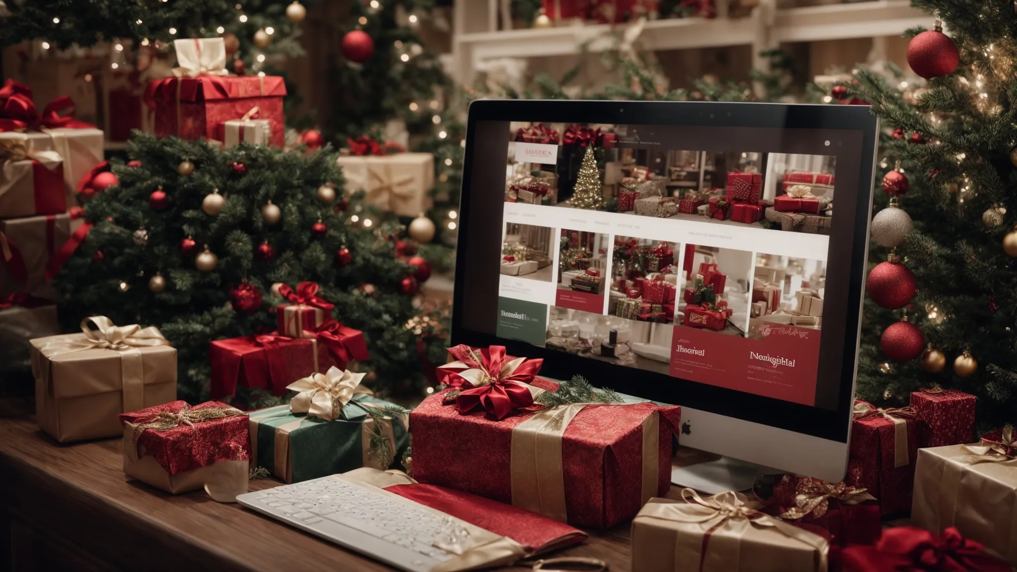a bustling online shopping interface filled with holiday-themed graphics and promotional banners.