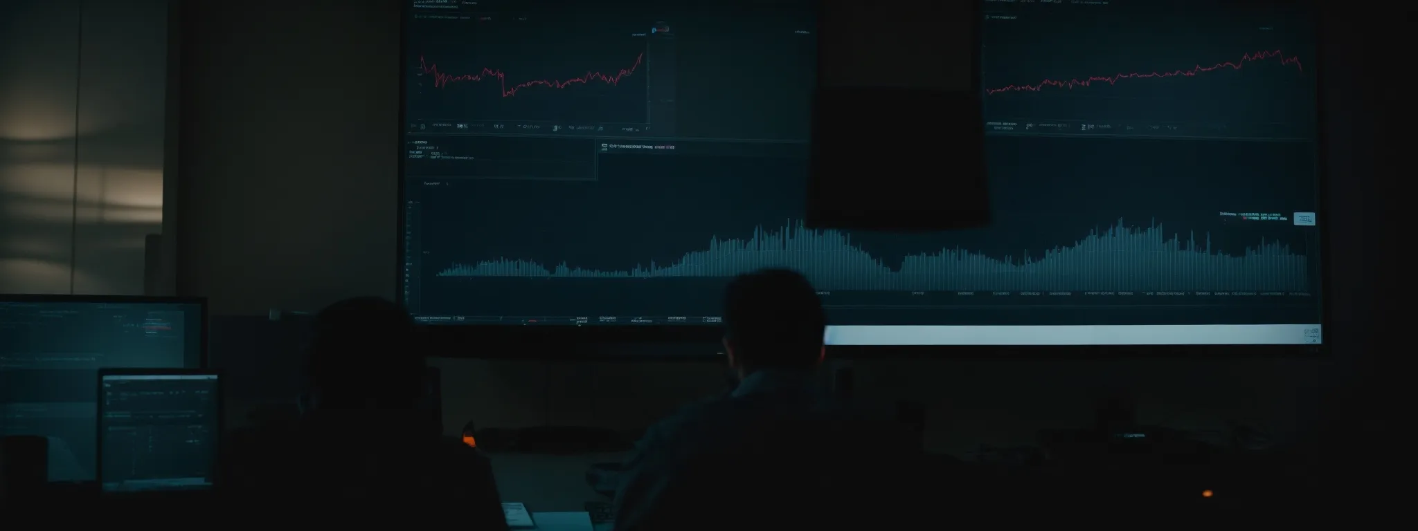 a person intently observing a computer screen with an open email interface and a visible chart of increasing web traffic metrics in the background.