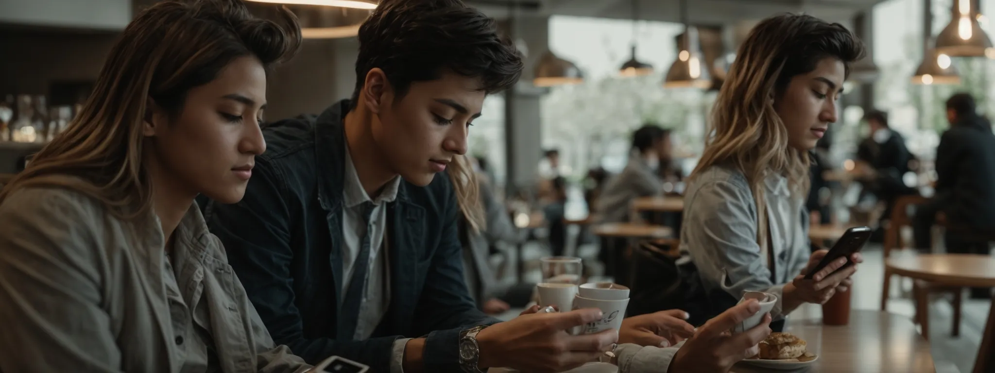 two individuals chat comfortably on their smartphones in a well-lit modern cafe, symbolizing an effortless digital conversation experience.