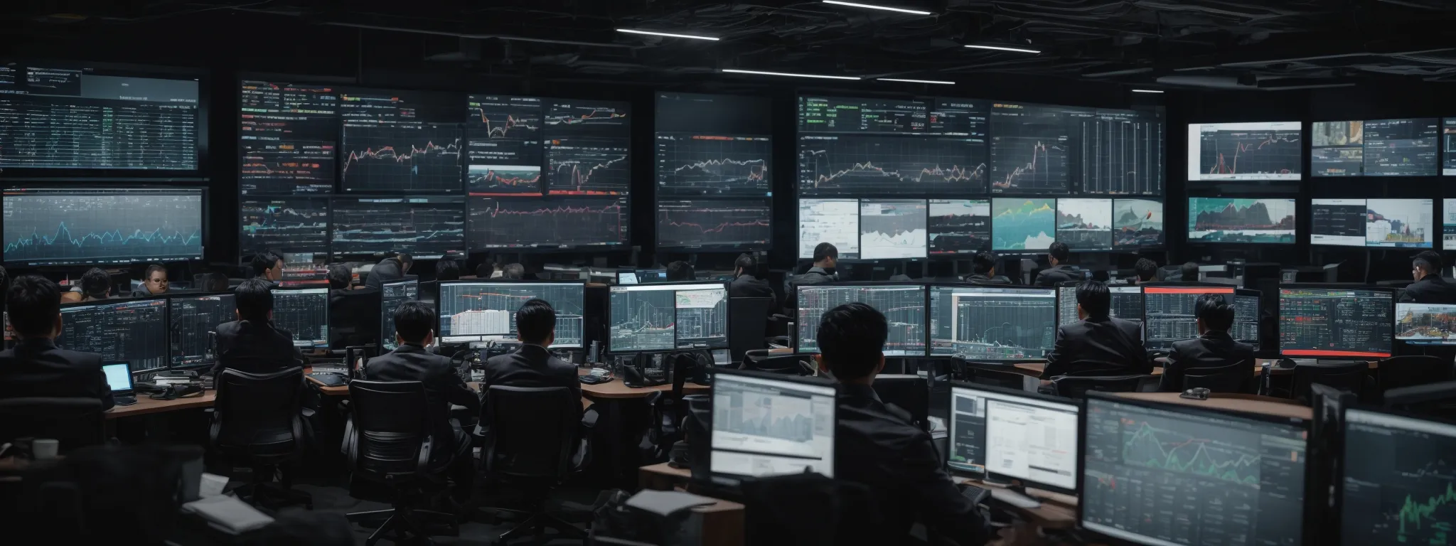 a bustling digital marketing war room, with dual monitors displaying real-time analytics and trending graphs.
