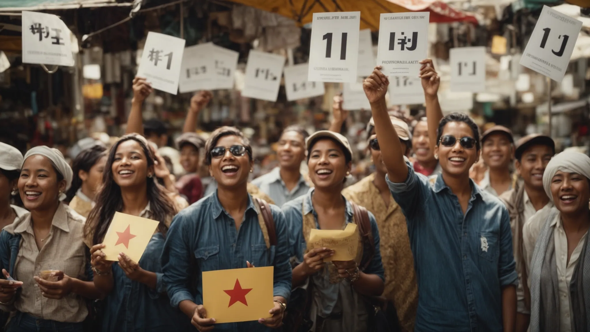 a group of content people holding five-star rating signs above their heads in a bright, bustling market.