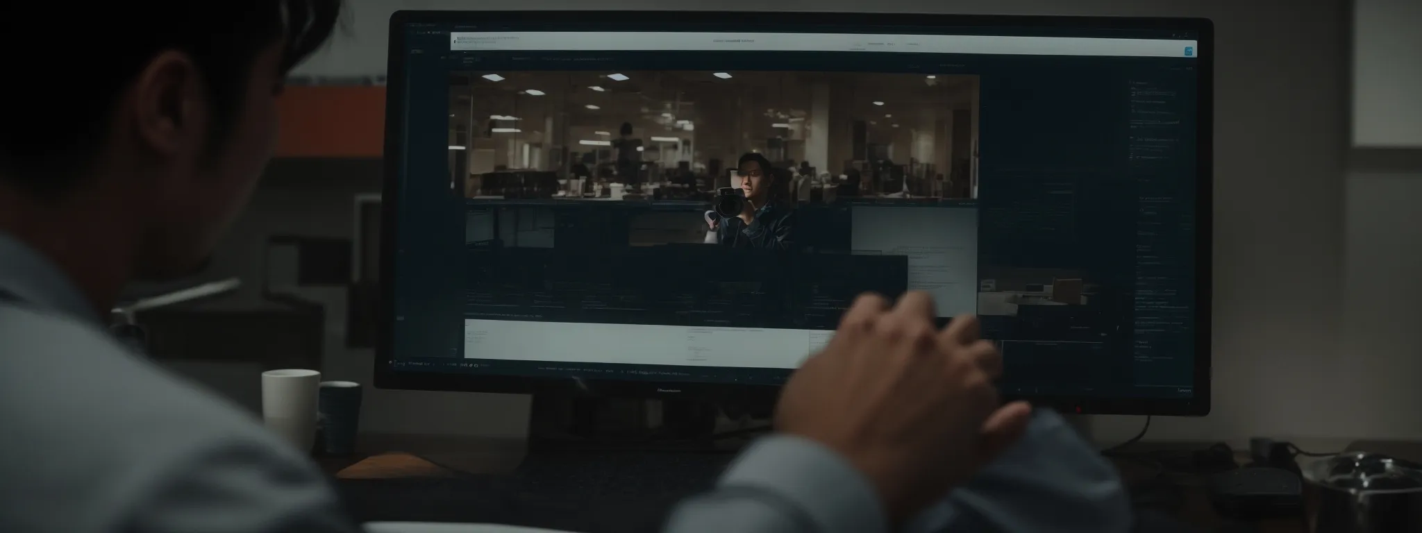 a marketer reviews an ad mockup on a computer screen, ensuring perfection before live deployment.