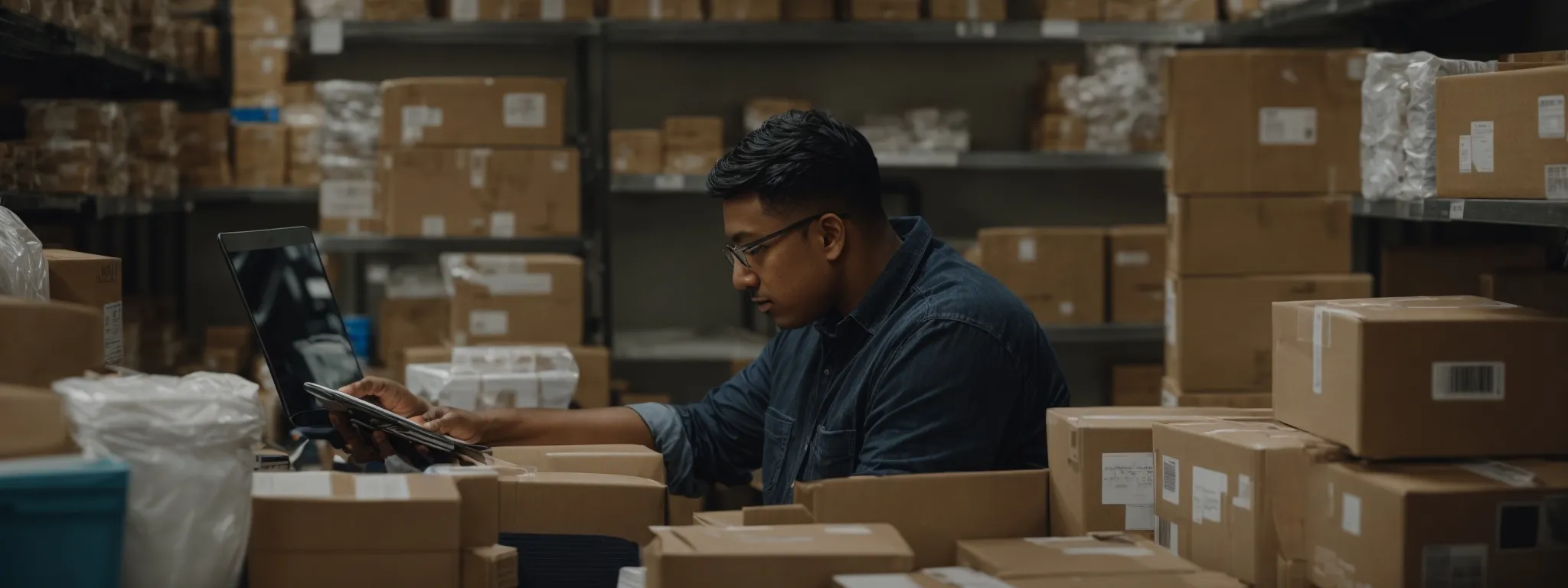 a busy local business owner sets an optimized delivery route on a digital tablet amidst a stack of packaged products ready for dispatch.