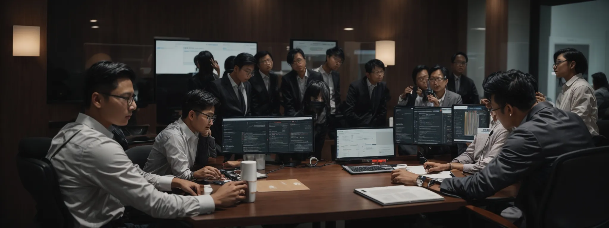 a group of seo experts are gathered around a conference table, intently studying computer screens displaying website analytics and code snippets.