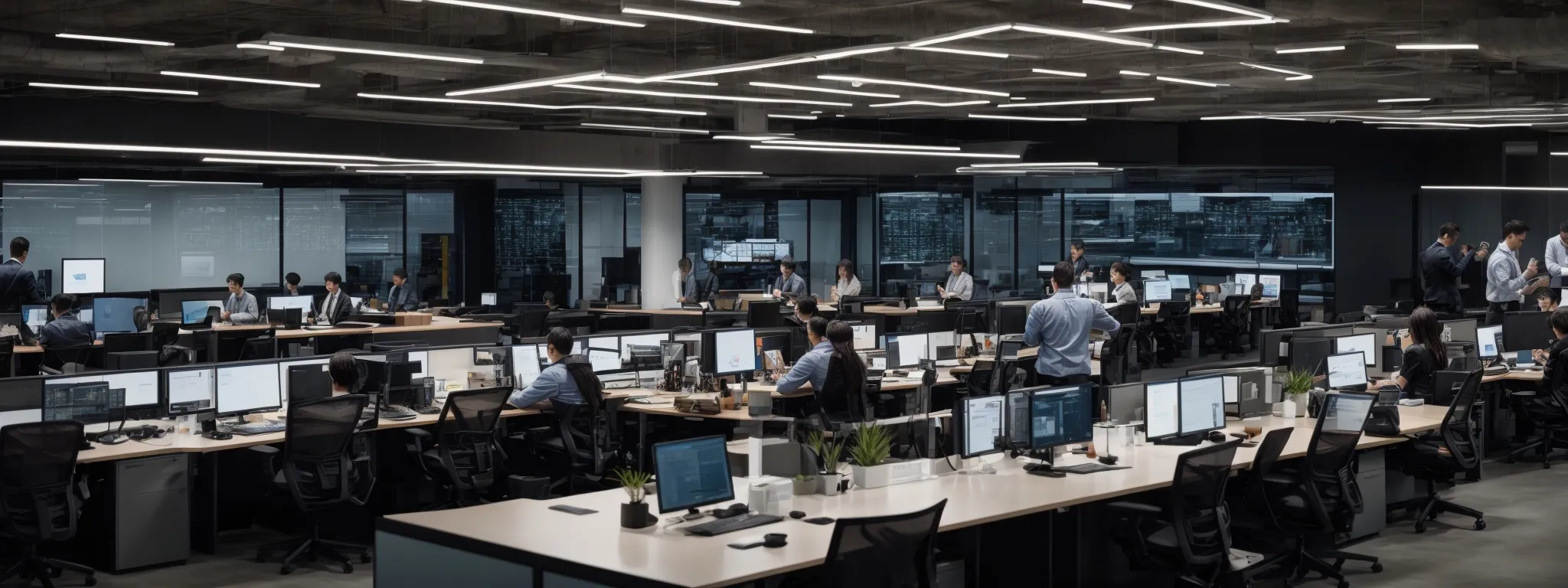 a panoramic view of a modern, open-plan office with large screens displaying analytics and a focused team collaborating over a central table.