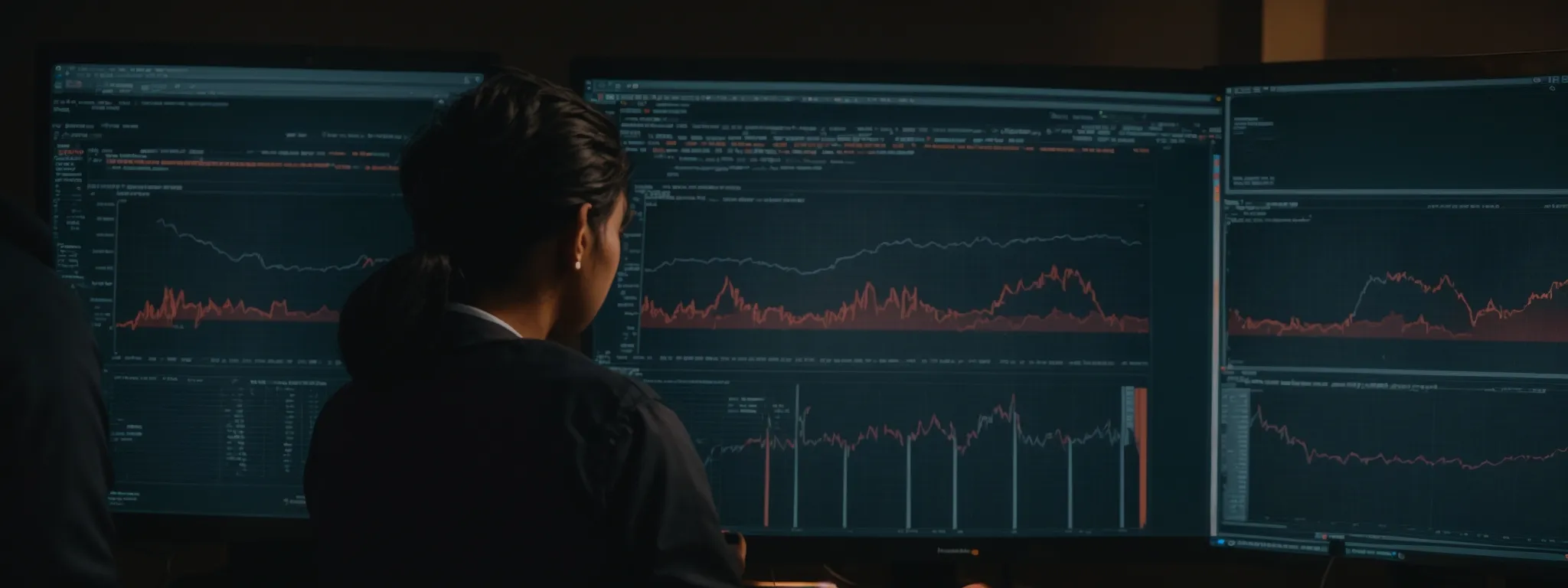 a person intently analyzing data on a computer screen showing website performance metrics.