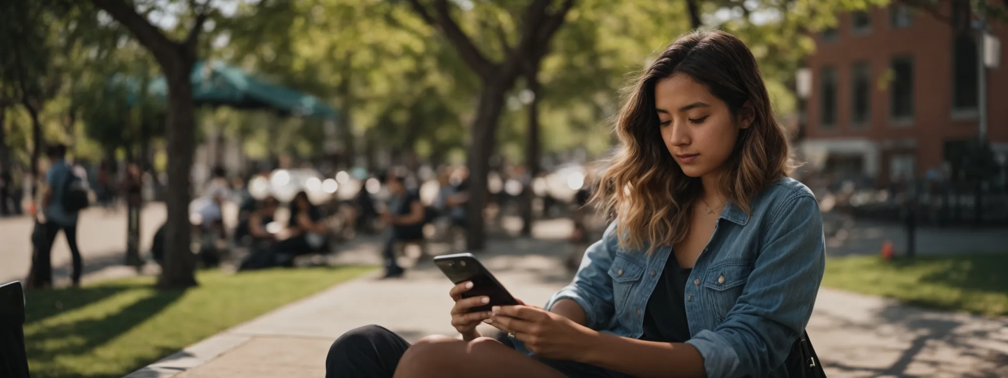 a young filmmaker casually edits a recent video on her smartphone while sitting outside on a sunny day at a bustling urban park.