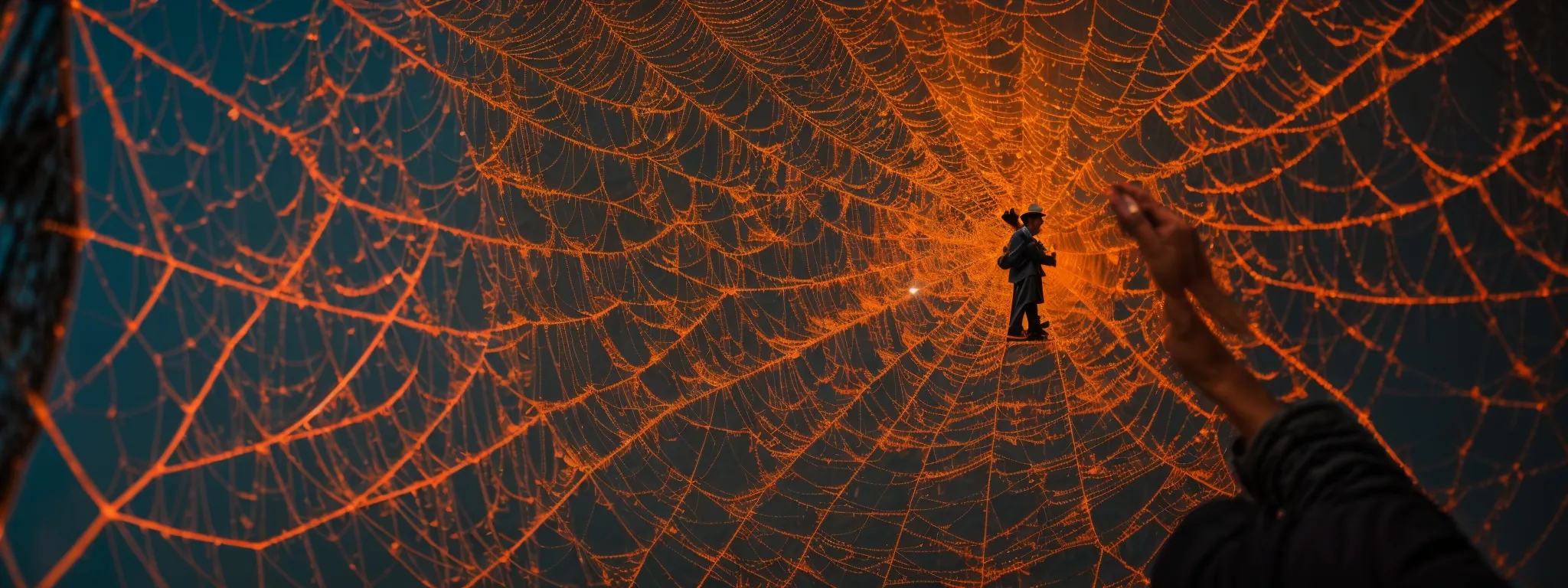 a strategist examines a vibrant spider web, symbolizing the intricate network of seo content curation in the digital landscape.