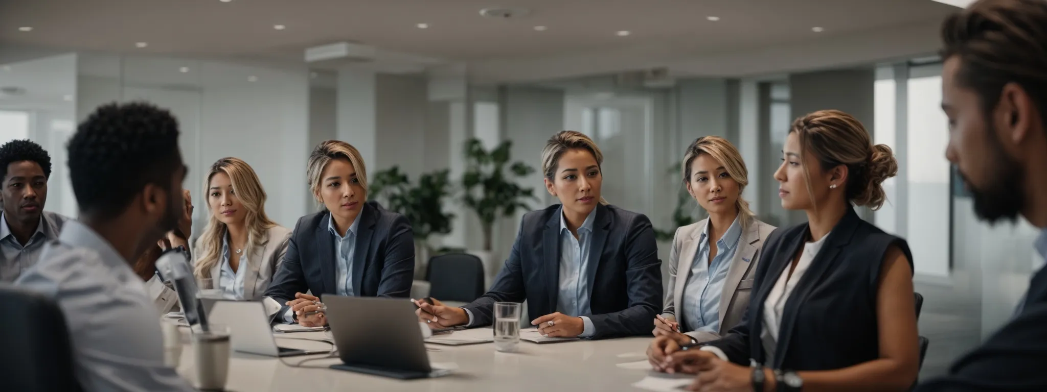 a group of professionals engage in a discussion at a modern conference room, symbolizing in-house seo teamwork and collaboration for growth.