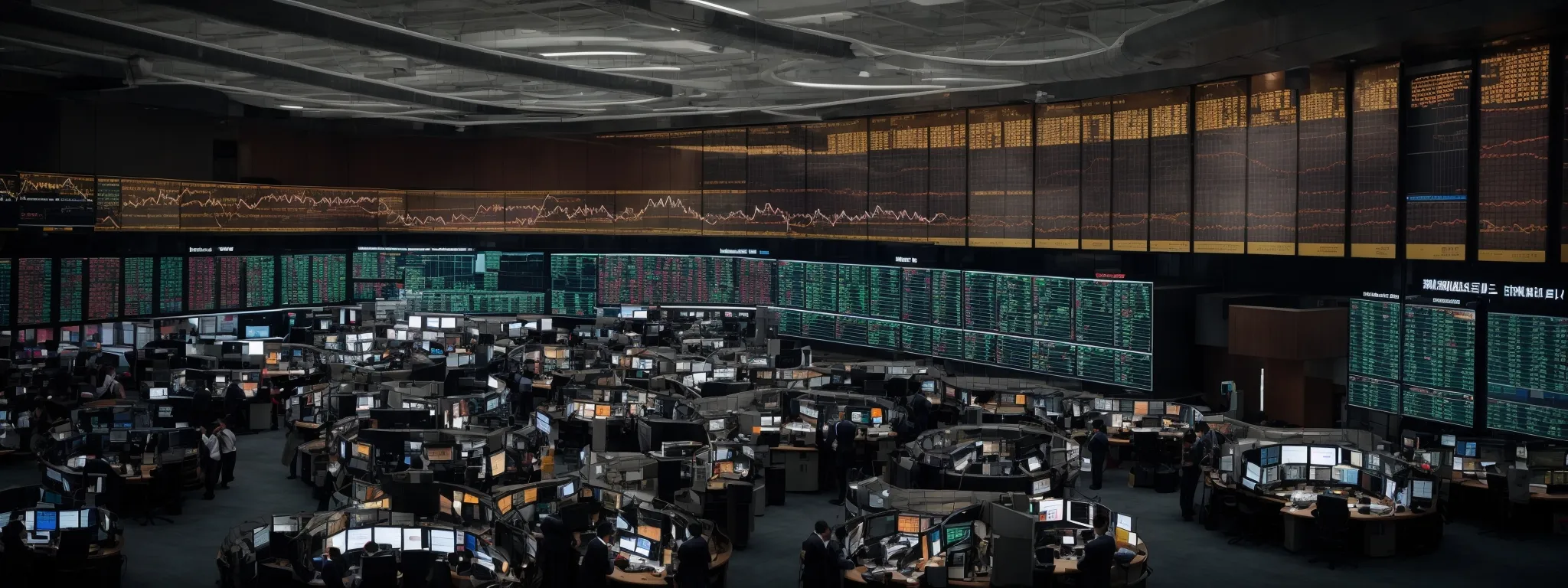 a bustling stock trading floor with screens displaying fluctuating financial data.