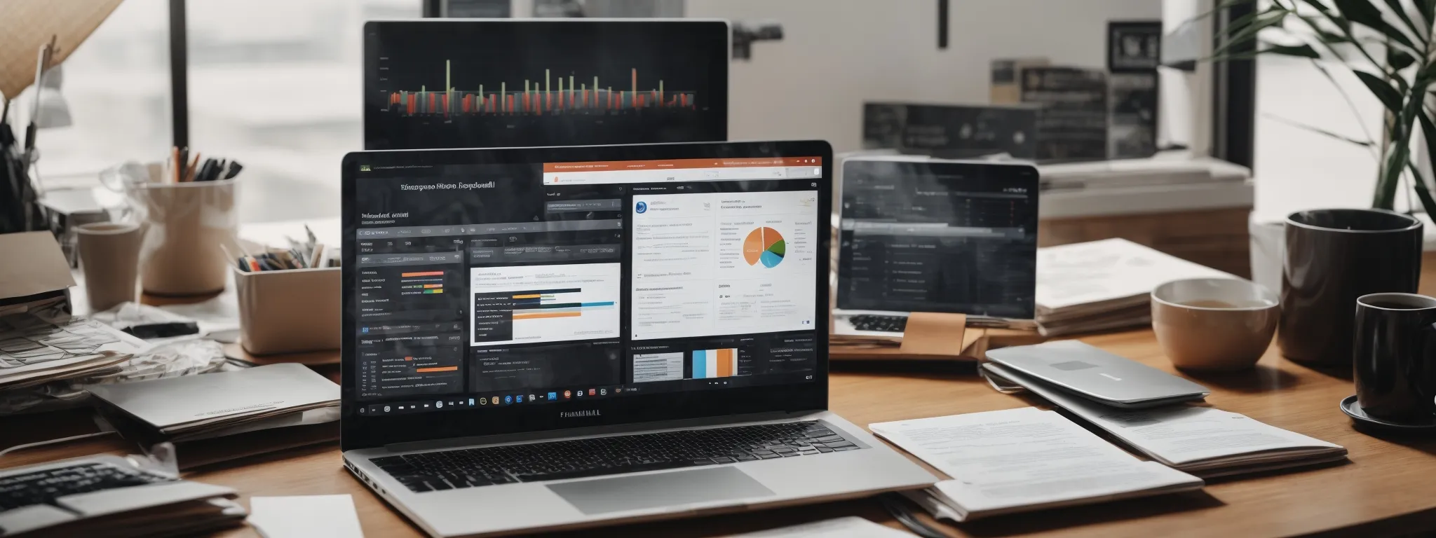 a laptop with an open analytics dashboard surrounded by marketing strategy documents on a clean, organized desk.