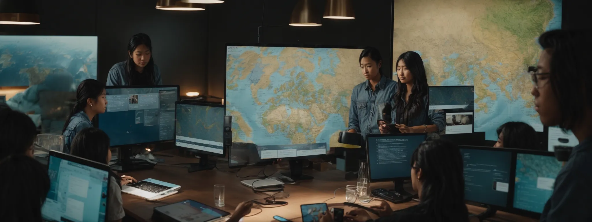 a group of diverse people engaging with a user-friendly digital interface on various devices around a table illuminated by an overhead world map.