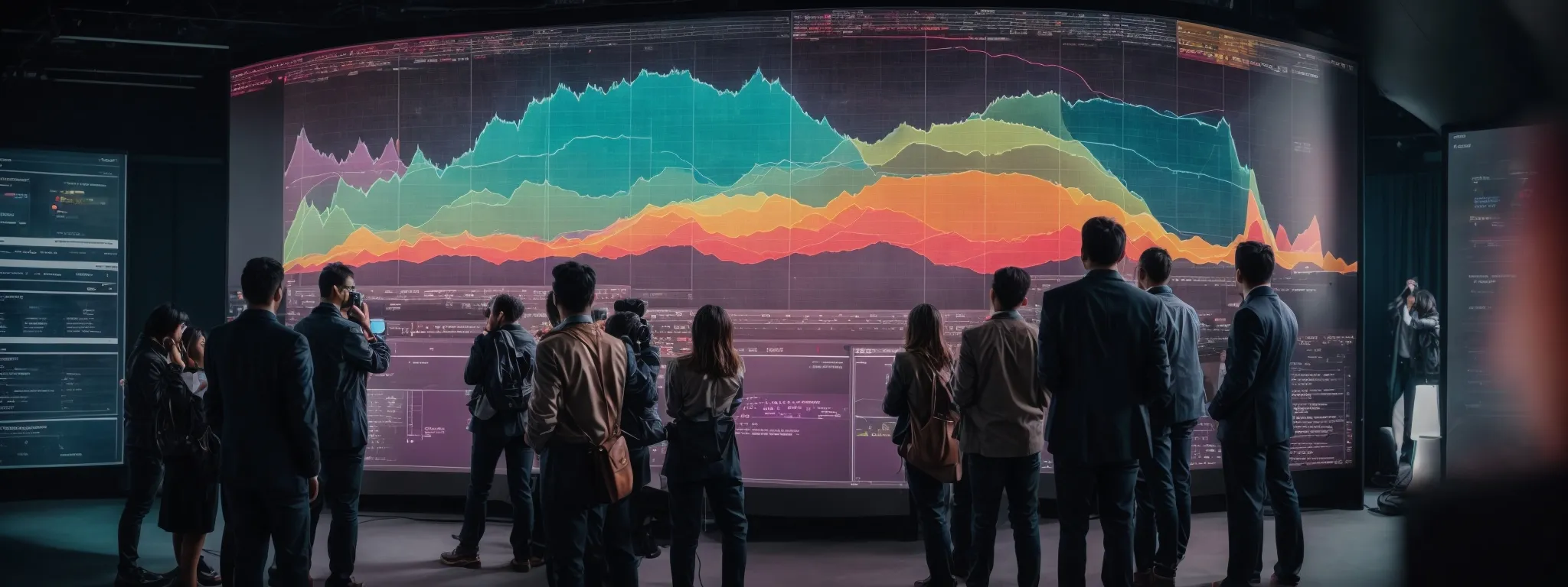 a group of professionals gather around a large interactive screen displaying colorful, animated graphs tracking website user behavior.