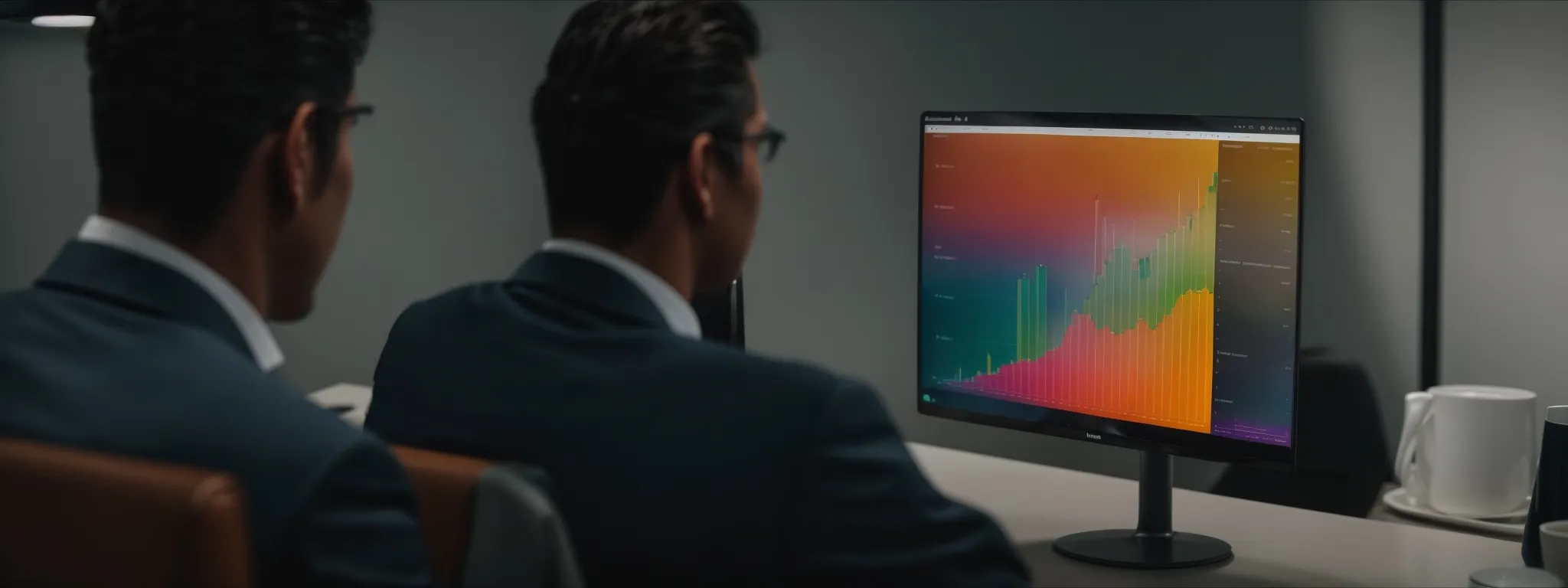 a person is presenting a colorful seo performance graph on a monitor during a meeting.