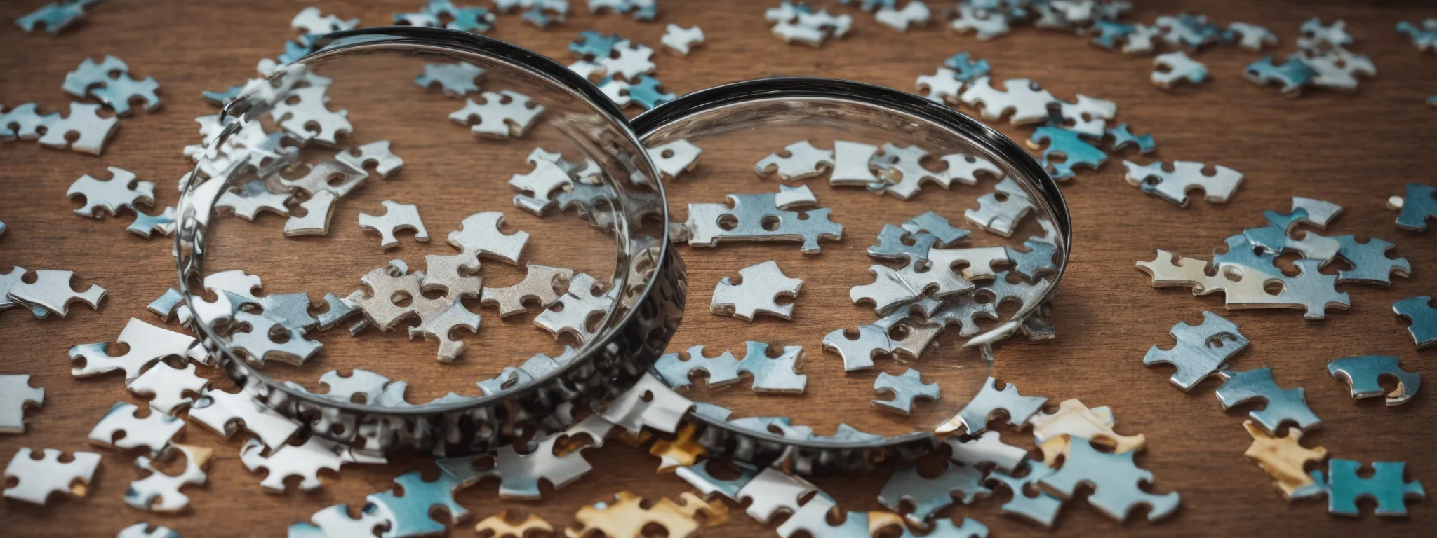 a magnifying glass hovering over a jigsaw puzzle with highlighted pieces represents keyword analysis in the context of seo and serp dynamics.