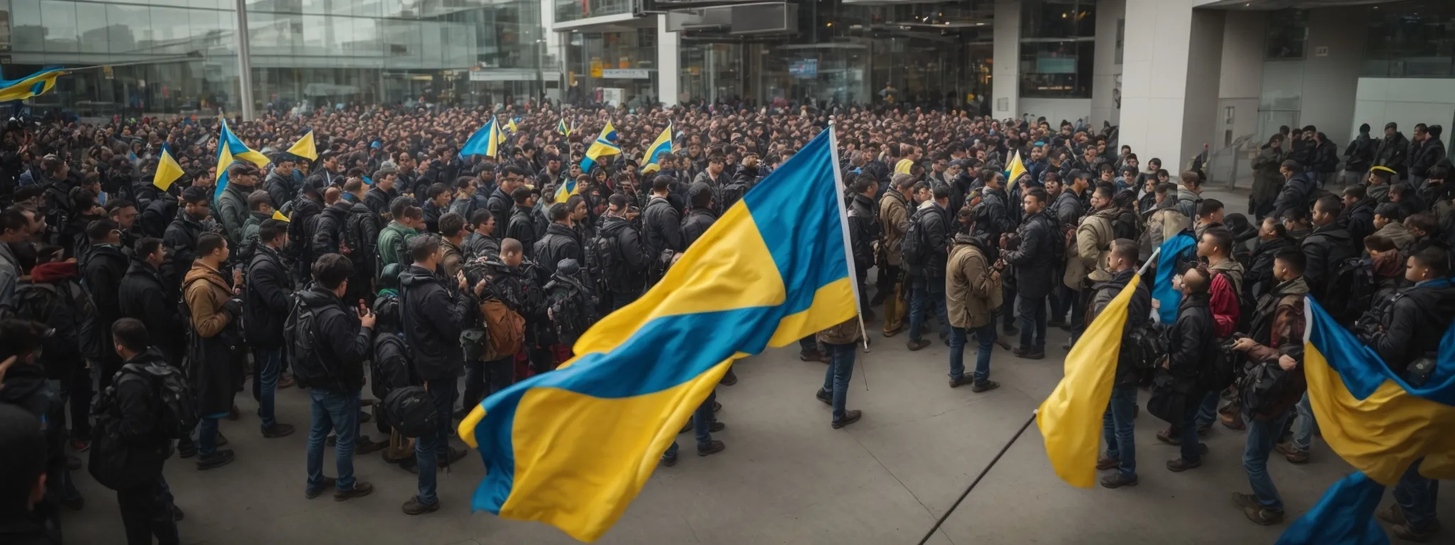 a vibrant ukrainian flag waves defiantly over a tech startup hub bustling with activity as strategists discuss innovative seo approaches.