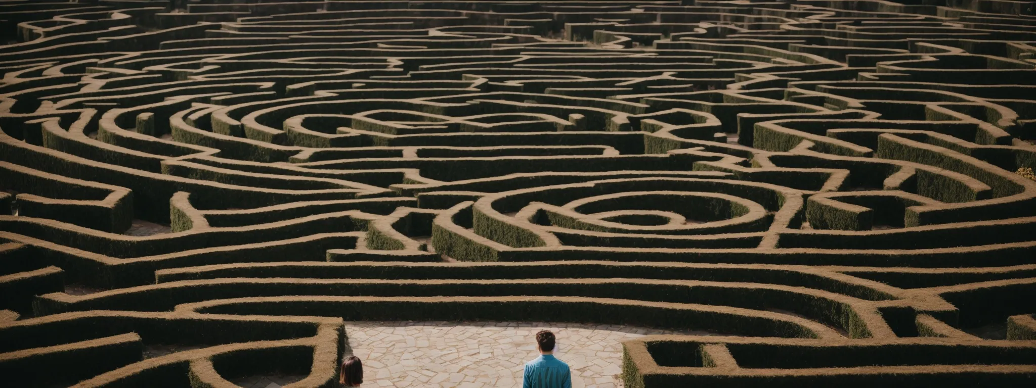 a person stands at the entrance of a complex maze looking out over the intricate pathways, plotting an escape strategy. 