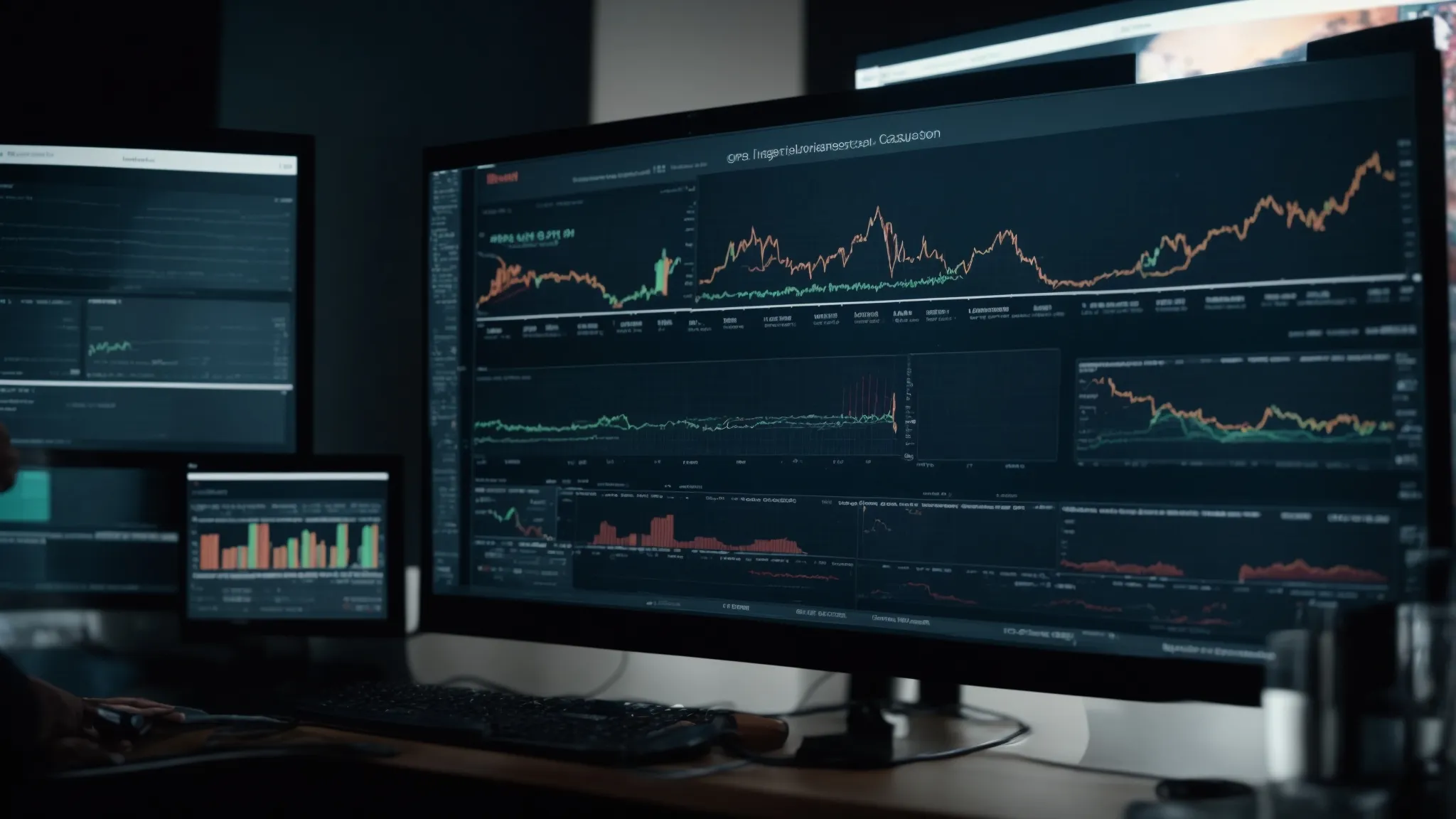 a close-up of a computer screen displaying graphs and data analytics with a person in the background analyzing the results.