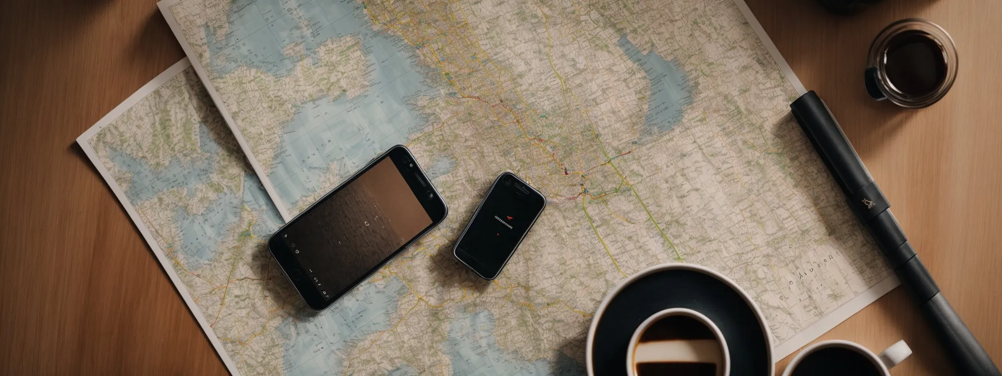 a smartphone on a map next to a coffee illustrating on-the-go local searches.