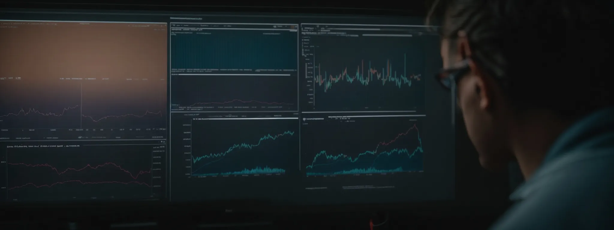 a content creator analyzes graphs on a screen showing video performance statistics.