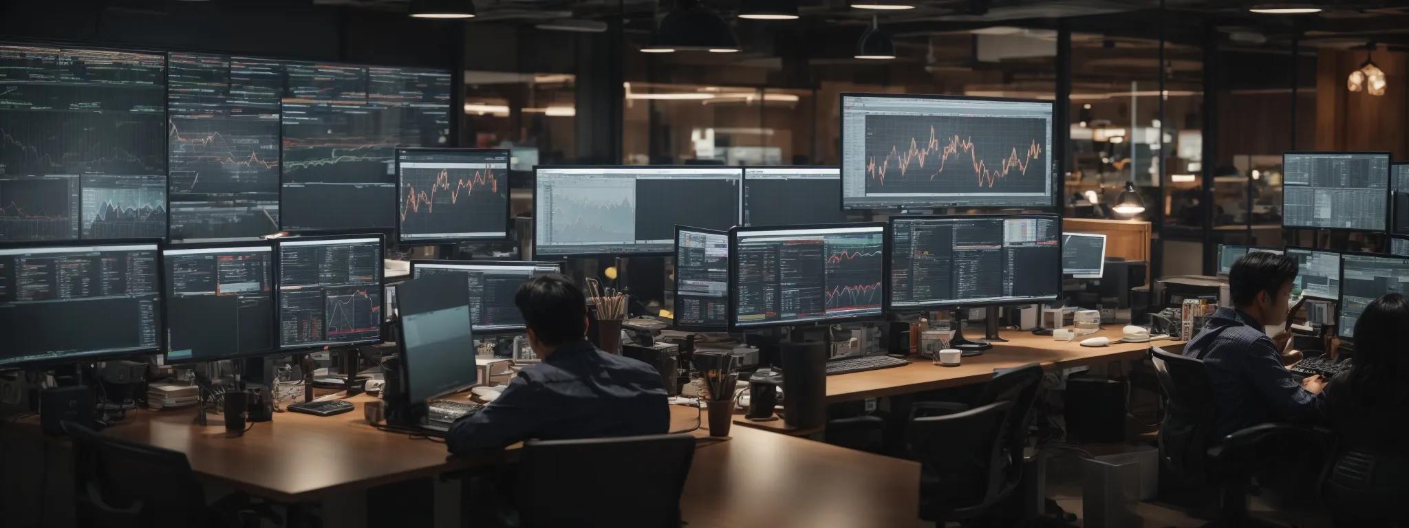 a bustling digital marketing office with professionals analyzing data on computer screens displaying intricate seo analytics dashboards.