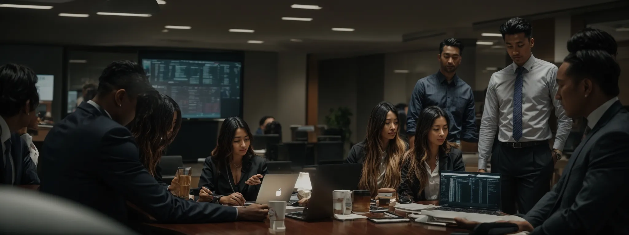 a team gathered around a conference table with a laptop open to analytics software, strategizing their next move in seo.